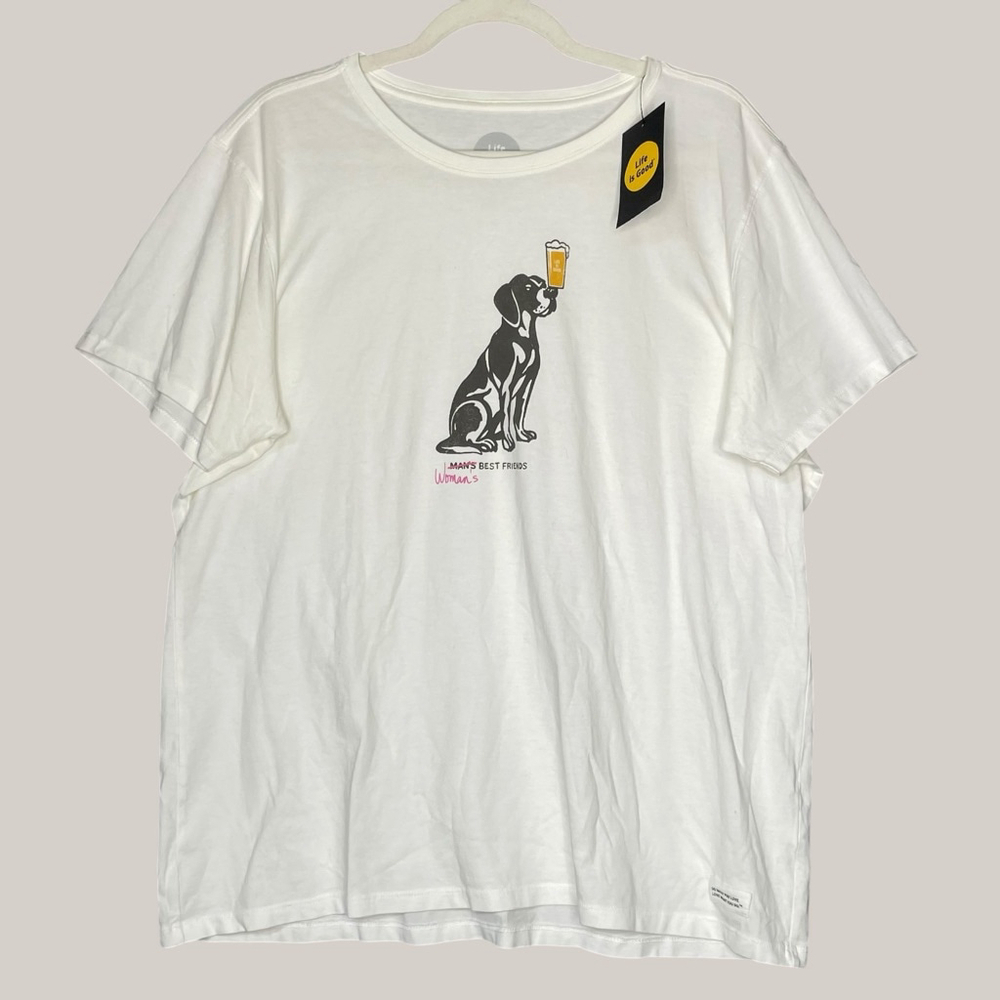 Life Is Good Womens Extra Large Crusher Tee Dog Beer Graphic White NWT